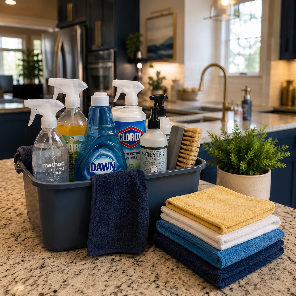 Premium cleaning supplies caddy with microfiber towels, real household cleaning products, brushes, and warm navy and gold kitchen accents.