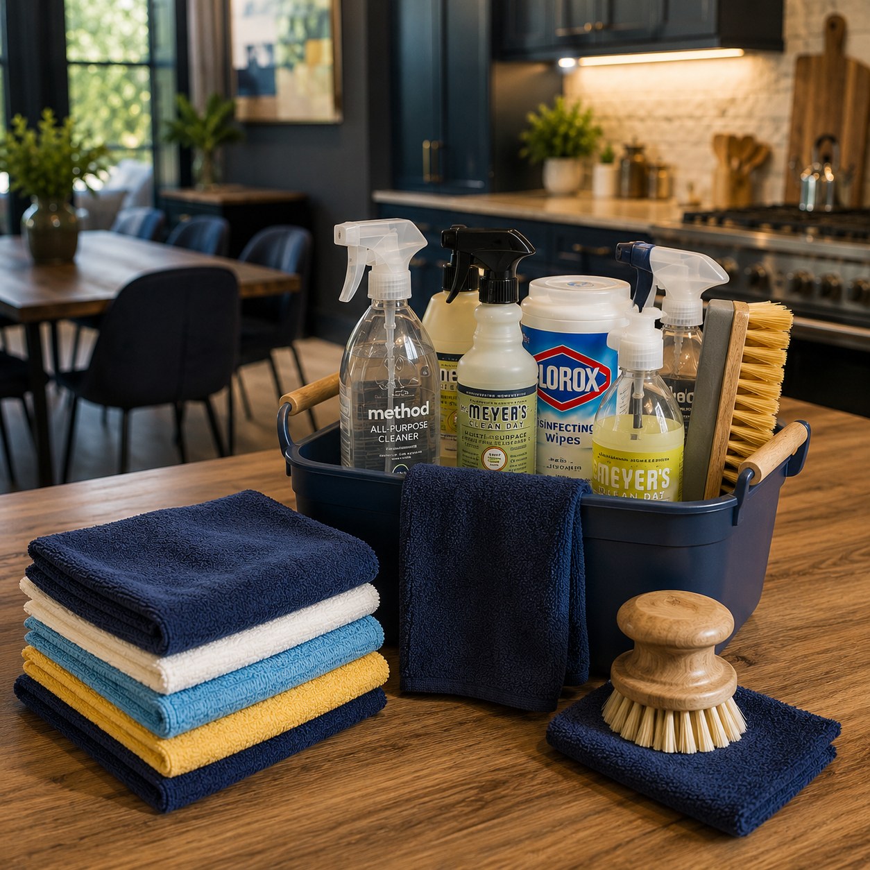 Premium home care cleaning caddy with real cleaning bottles, microfiber cloths, natural wood tones, navy accents, and organized kitchen styling.