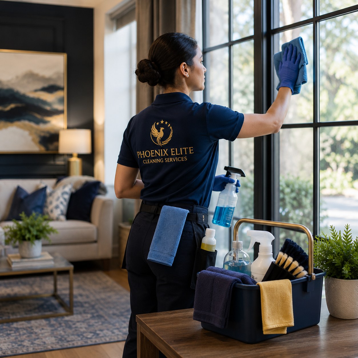 Professional cleaner wiping a window in a warm modern home with navy uniform, cleaning caddy, microfiber towels, and fresh natural light.