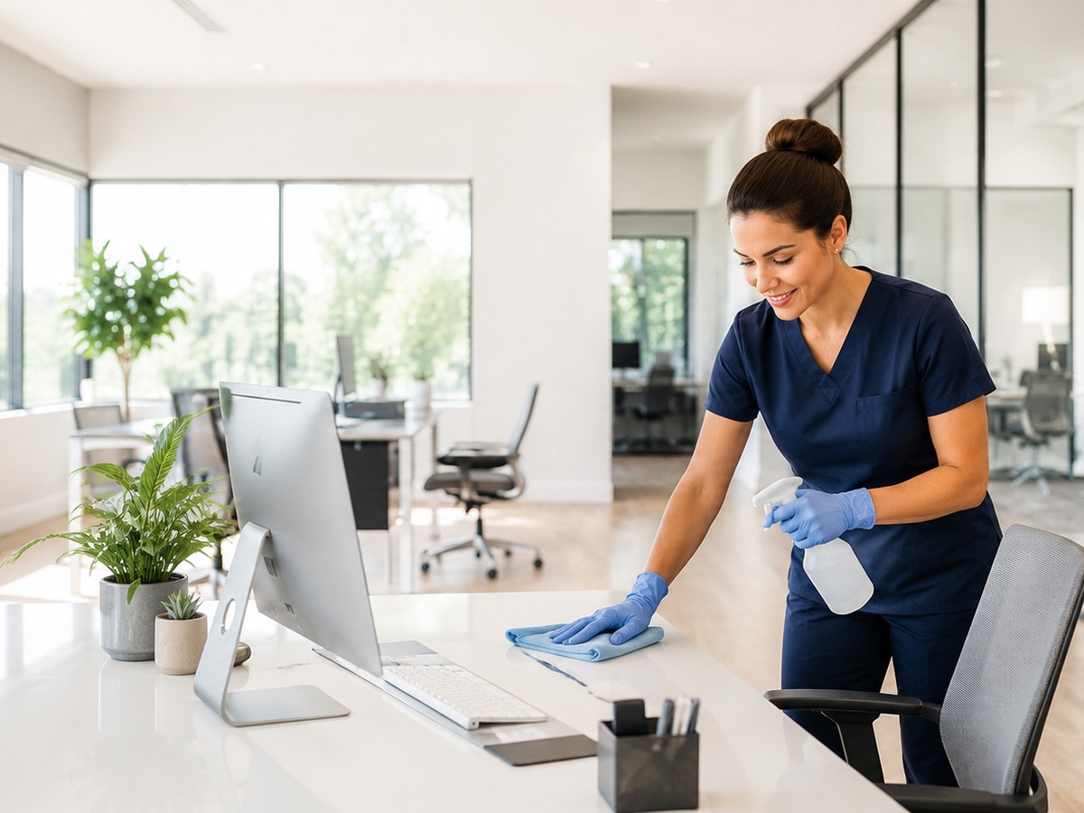 Professional cleaner disinfecting a modern office desk with spray bottle, gloves, and cleaning cart nearby.