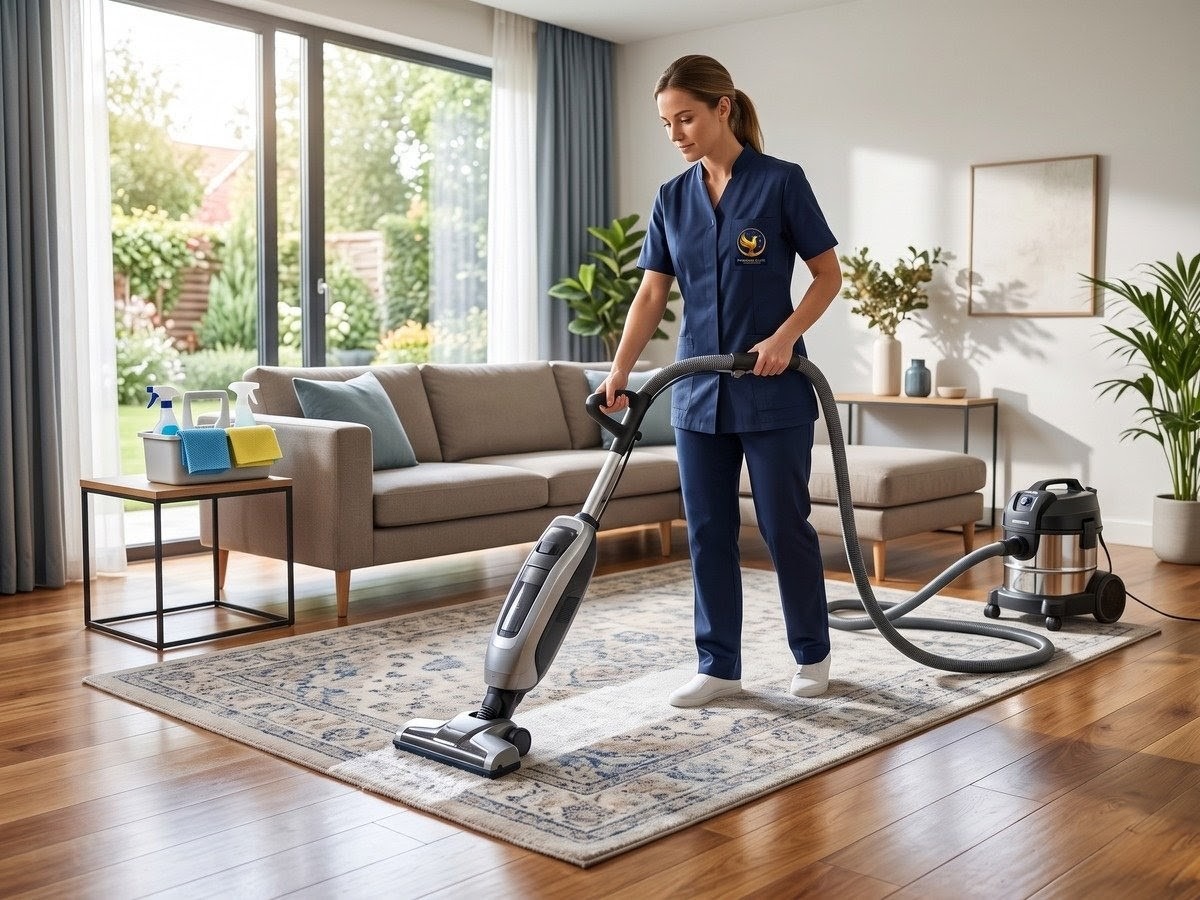 Professional floor and carpet cleaning in a clean modern living room with premium equipment.