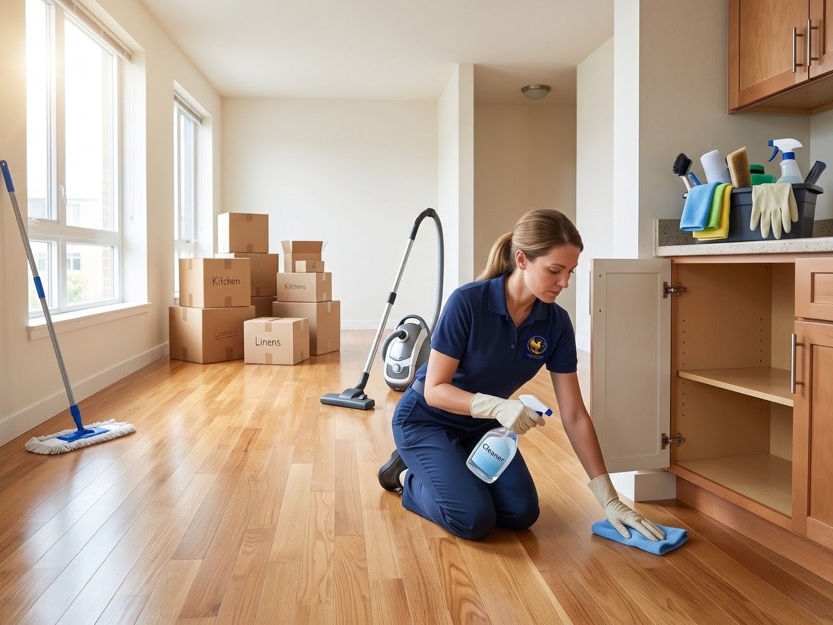 Move-out cleaning service with a cleaner wiping baseboards and cabinets in an empty home with moving boxes.