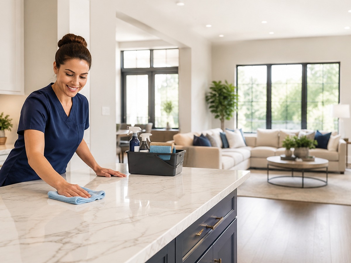 Professional residential cleaner wiping a bright modern kitchen island with microfiber cloth and cleaning supplies nearby.