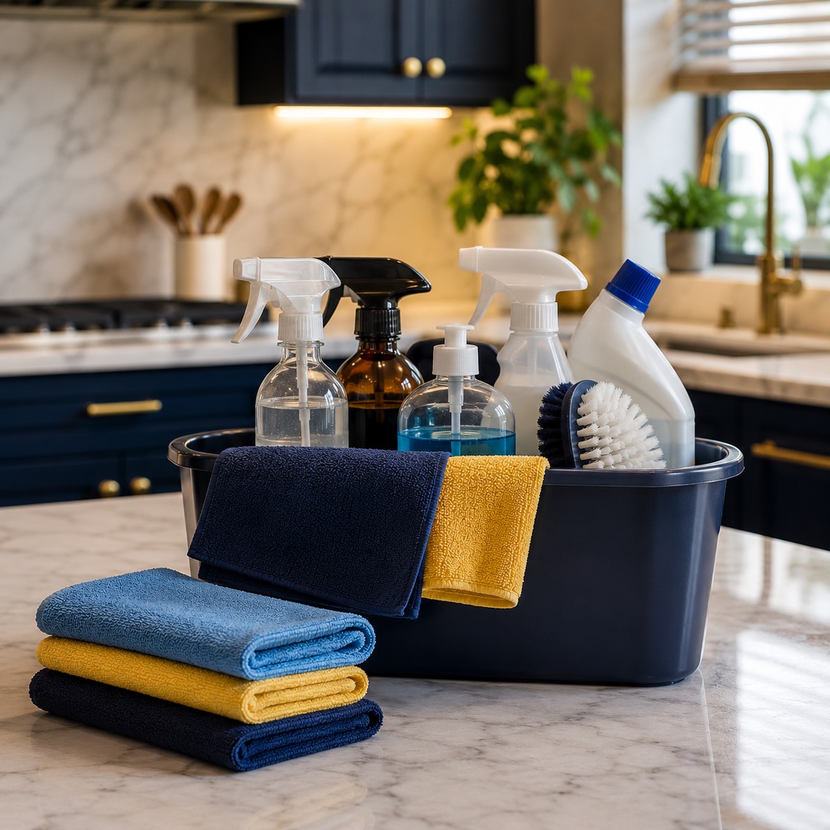 Premium cleaning caddy with microfiber towels, brushes, and spray bottles in a clean modern kitchen.