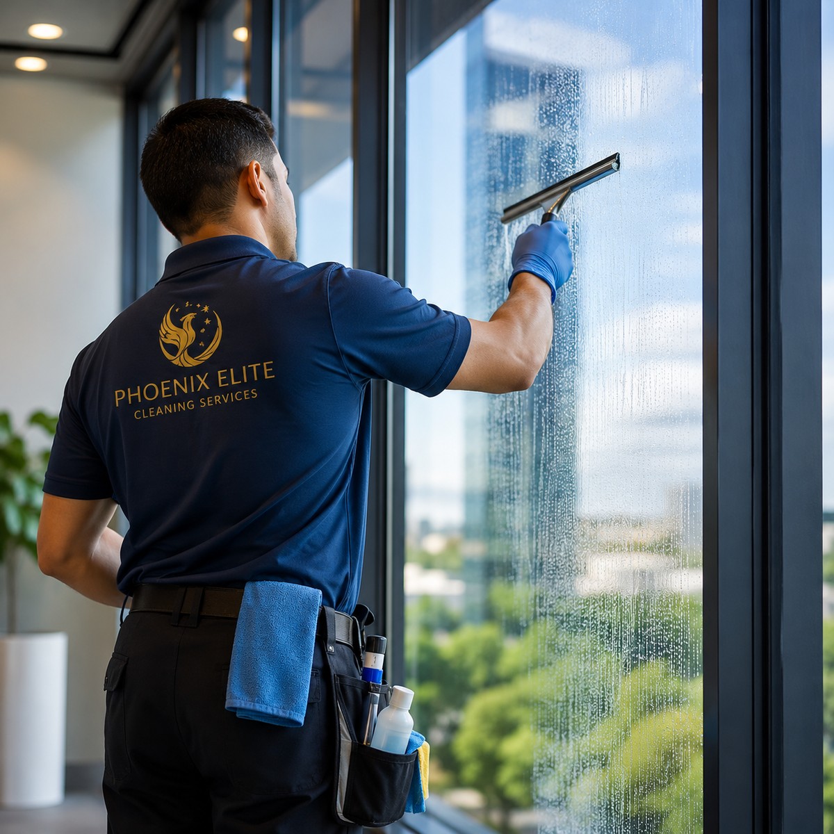 Professional cleaner washing large glass windows with a squeegee in a modern commercial space.