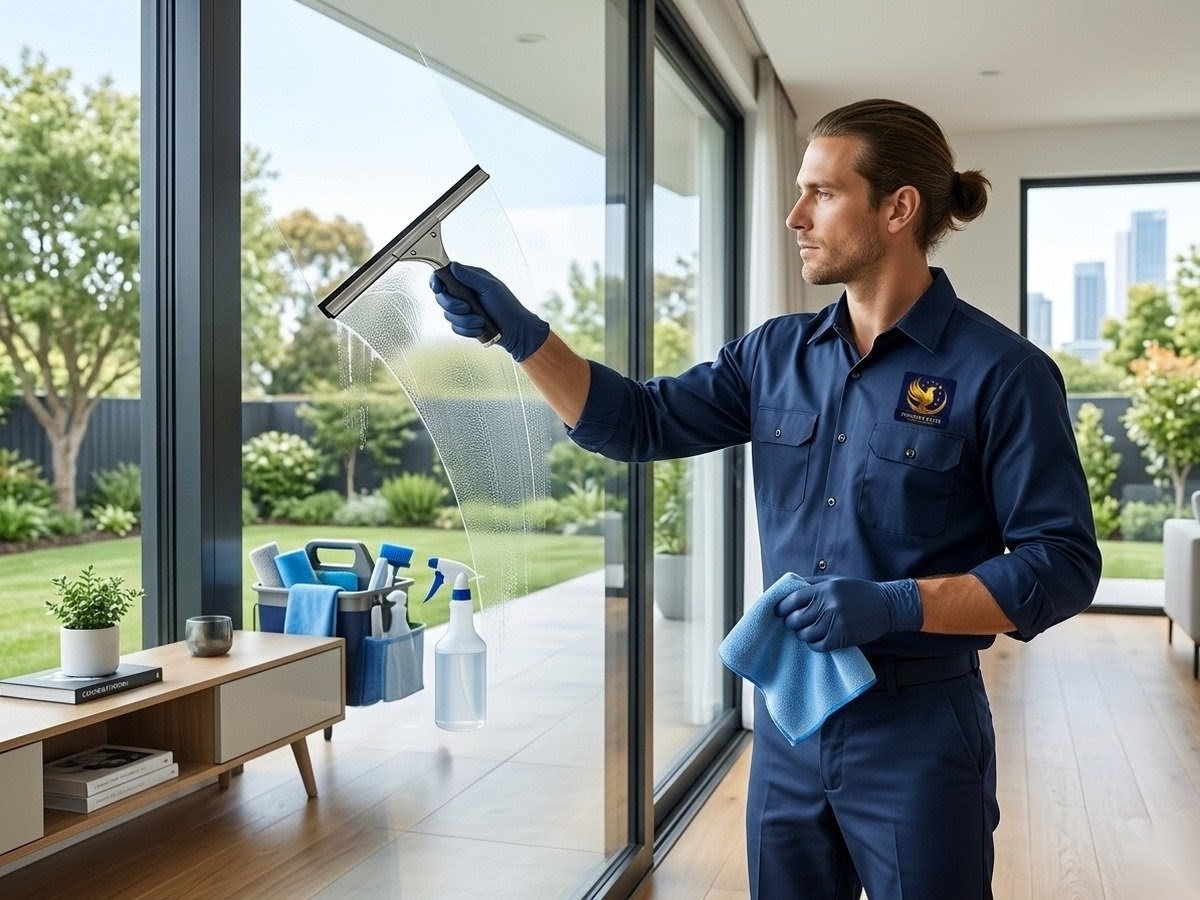 Professional cleaner washing large glass doors with microfiber cloth and spray bottle in a bright modern space.